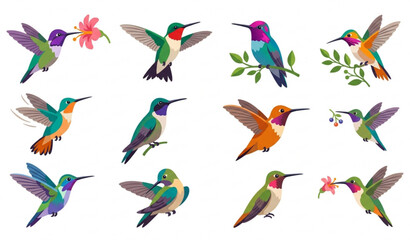 Premium hummingbird vector pack with colorful tropical birds in flying and resting poses © MstLima
