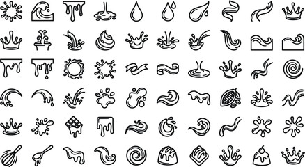 Fototapeta premium Liquid Splash and Chocolate Drip Icon Set with Milk Swirls Water Drops and Crown Splatter Symbols for Food Beverage Packaging and Confectionery Branding DesignsLiquid Splash and Chocolate Drip Icon Se