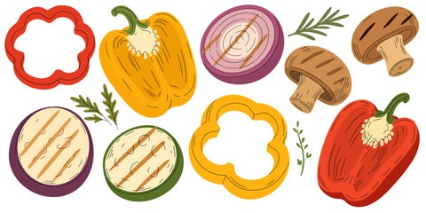 Obraz premium Vector hand drawn illustration set of grilled and fresh vegetables including bell peppers, red onion, mushrooms, zucchini, and eggplant isolated on a white background
