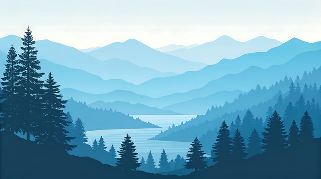 Blue mountain range with lake and pine trees mountains