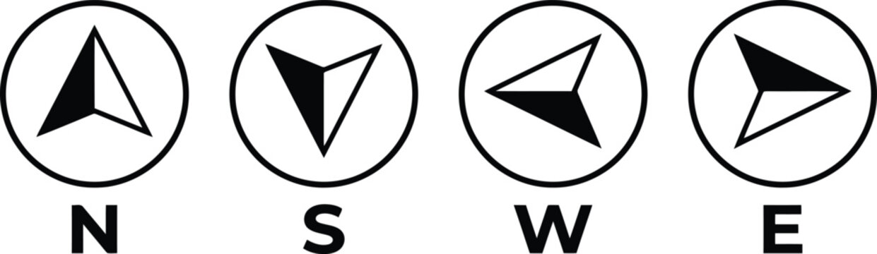 Compass direction icons, north south west and east arrows in black and white minimalist style.