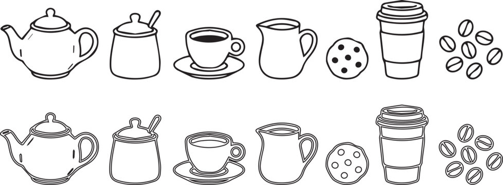 Tea and coffee kitchenware icons set featuring teapot sugar jar cup milk jug chocolate cookie takeaway cup and roasted coffee beans in two styles.
