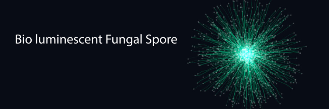 Vibrant bioluminescent fungal spore depicted as an abstract particle burst with glowing teal light ideal for scientific and technological concepts