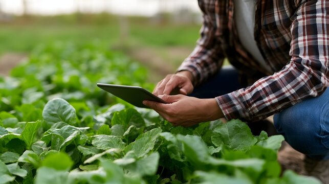 A person crouches among rows of green leafy plants while holding a tablet computer for field data review