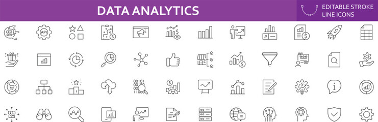 Fototapeta premium Data Analytics line editable icons set. Containing database, statistics, analysis, server, hosting, SEO, monitoring, graph, data mining and more. Vector illustration.
