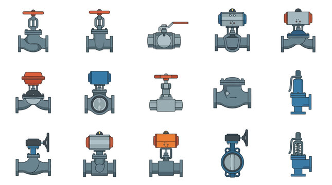 Various industrial valves on display in a catalog of different types and colors