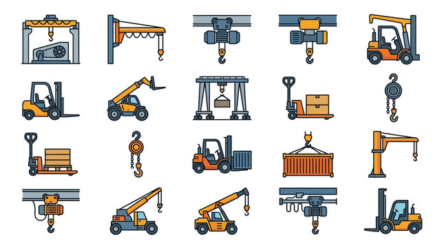 A collection of industrial forklifts and cranes lifting heavy objects
