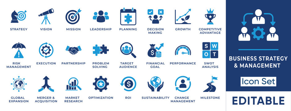 Business strategy and management solid icon set. Includes symbols for SWOT Analysis, Global Expansion, and Change Management. Vector icons for corporate planning and leadership.