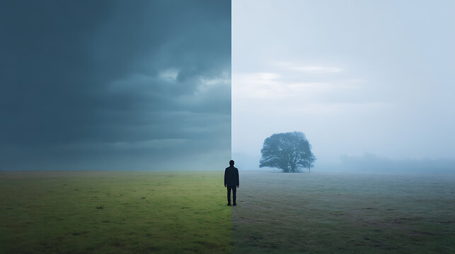 Person standing between darkness and light symbolizes inner conflict, emotional balance, hope, anxiety, resilience, life transition, mental health recovery and personal transformation