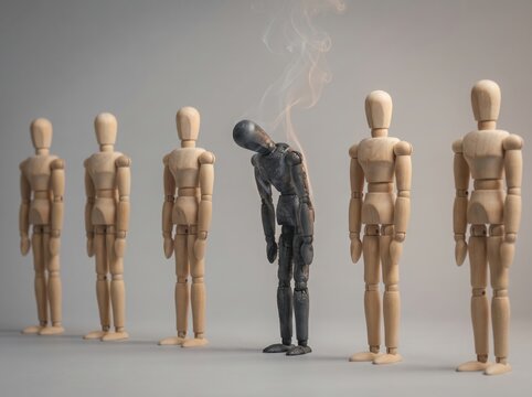 Charred mannequin slumped forward smoking among wooden mannequins