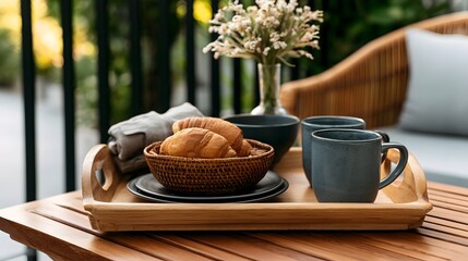 Fototapeta premium A wooden tray holds croissants mugs and a vase of flowers on an outdoor table near wicker furniture