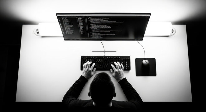 Person Coding On A Computer In A Dark Room With Bright Monitor