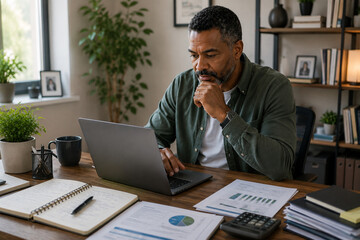 Obraz premium Man working on laptop at desk in home office with documents and coffee cup