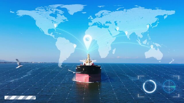 Logistic and transportation technology, Bulk dry cargo ship underway in sea with AI Logistic and transportation technology. International import export trade