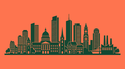 Obraz premium City skyline illustration with buildings and skyscrapers at sunset