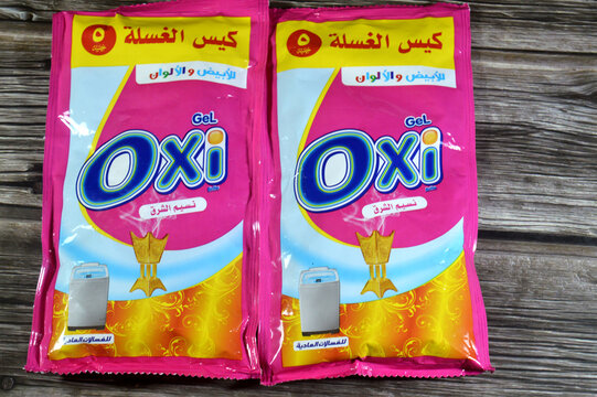 Cairo, Egypt, July 3 2026: Oxi detergent gel for regular washing machines Eastern breeze, for white and color clothes, deeply penetrates the fabric to purge out the stains and underlying dirt