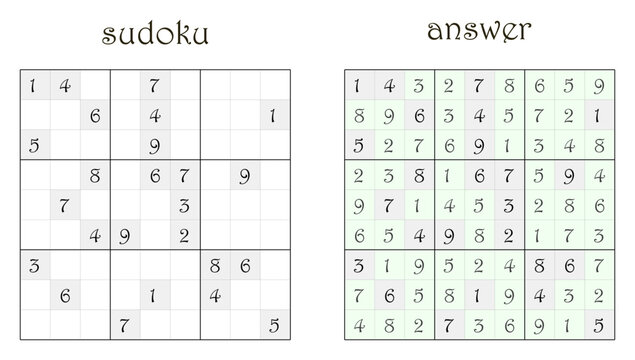 Sudoku puzzle and answer grid side by side on white background  