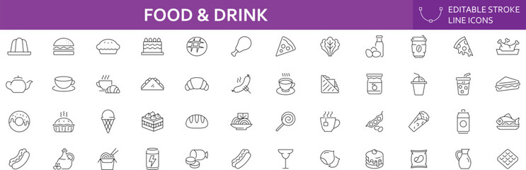 Fototapeta premium Food and drink icon set with fast food beverages, desserts and restaurant menu symbols in outline style for design. Editable stroke. Vector illustration