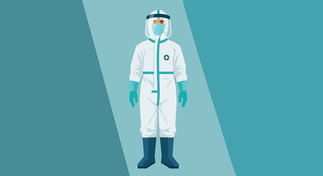 Healthcare worker in full protective suit and face shield, ready for medical emergency