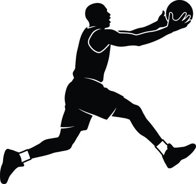 Basketball player silhouette jumping for a layup, athletic male athlete catching ball in mid-air, black and white sports vector graphic