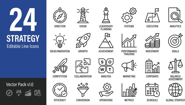 Strategy icons in a linear style provide a comprehensive visual toolkit for business planning and corporate management presentations.