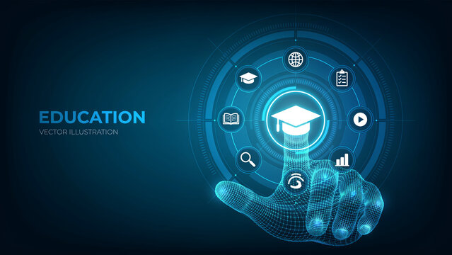 E learning concept with hand and education icons on blue background