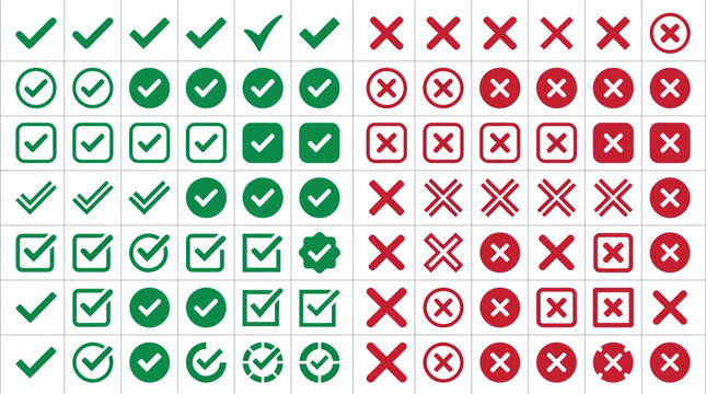 Checkmarks and cross marks are arranged in a grid to represent various selection options and status indicators for user interfaces.