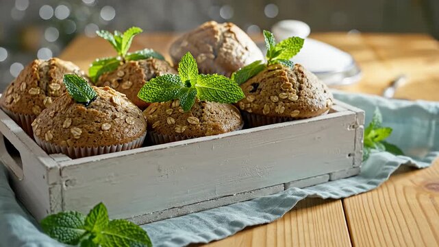 Fresh baked oat muffins in white wooden crate.
