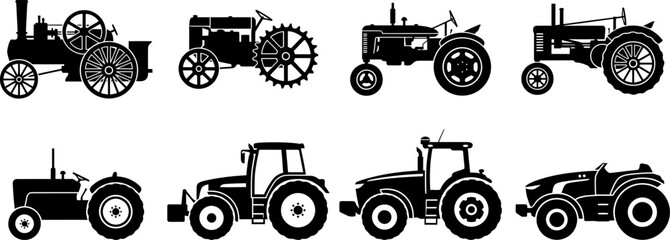 Vintage to Modern Tractor Evolution Silhouette Collection Isolated on White Background Vector Icon Set © MdJahid