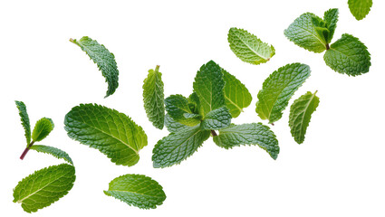 Isolated fresh green mint leaves and sprigs scattered, vibrant aroma and natural flavor