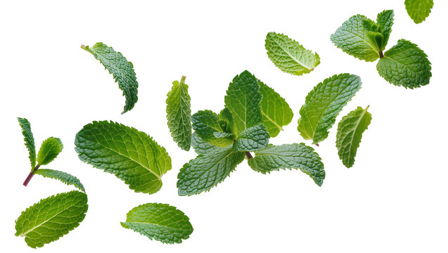 Isolated fresh green mint leaves and sprigs scattered, vibrant aroma and natural flavor