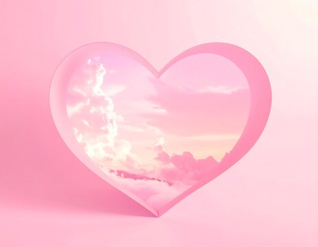 A pink paper heart cutout reveals a pastel sky filled with fluffy clouds. The heart is gently lit