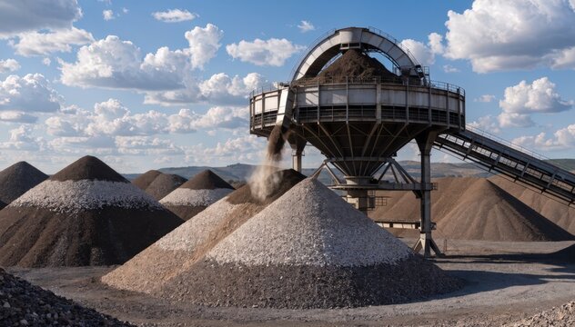 Stackerreclaimer in action forming uniform piles of mixed concentrates and fluxes at a smelter feed blending yard showcasing efficient material handling operations.