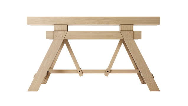 Isolated natural light wood sawhorse, a sturdy portable trestle for construction projects.