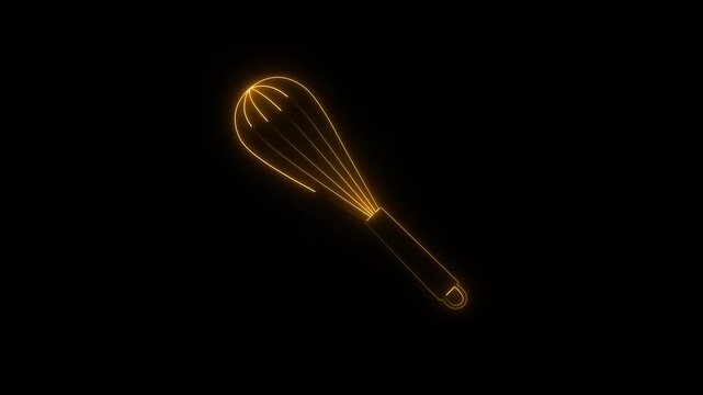 Glowing neon whisk icon 4k isolated on black background. HD Video motion graphic animation.