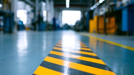 Obraz premium Close up of yellow and black striped safety marking on a polished factory floor leading into blurred industrial background