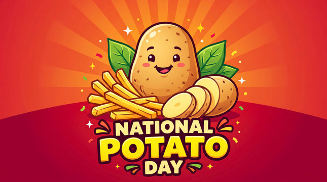 Happy cartoon potato celebrating national potato day with fries