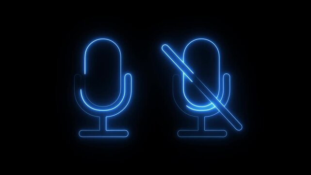 Neon sound, No sound icon.recording, No recording sing micro phone icon glows neon animation. No recording or no microphone.Audio listening Microphone symbol black background.4k video.