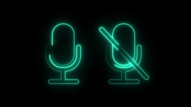 Neon sound, No sound icon.recording, No recording sing micro phone icon glows neon animation. No recording or no microphone.Audio listening Microphone symbol black background.4k video.