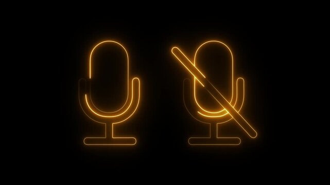 Neon sound, No sound icon.recording, No recording sing micro phone icon glows neon animation. No recording or no microphone.Audio listening Microphone symbol black background.4k video.