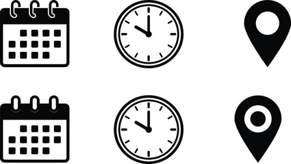 Fototapeta premium “Minimalist vector icons of calendar, clock, and location pin symbols representing date, time, and event planning details”