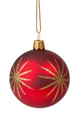 Fototapeta premium Isolated sparkling red Christmas ball decoration with elegant gold glitter starburst pattern.