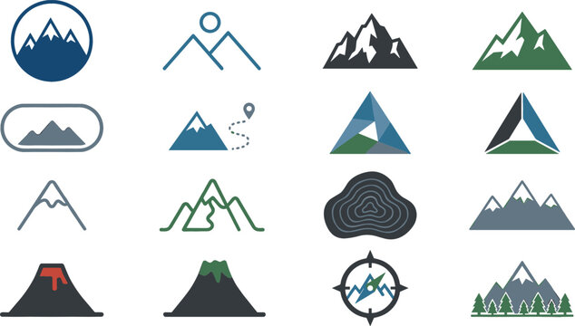 Mountain vector icon set featuring peak range volcano route tracking topographic map and outdoor adventure travel logo designs