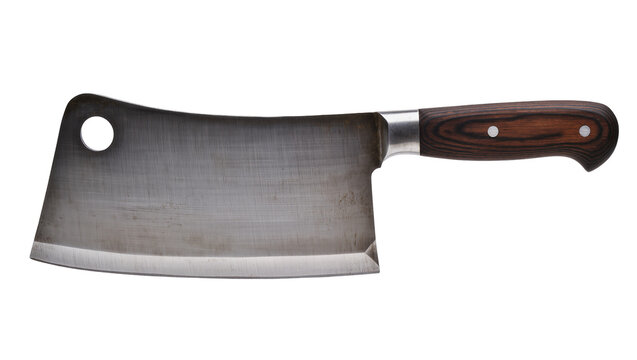Isolated heavy-duty meat cleaver with textured wooden handle and sharp brushed metal blade