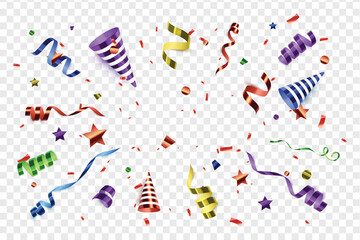 Obraz premium Exploding party popper with colorful stars and confetti isolated on transparent background