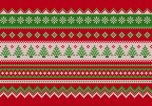 Christmas ornament with Christmas tree. Red and green seamless pattern. Festive knitted print. Sweater geometrical ornament. Xmas print border. Fair isle traditional holiday background. Vector illustr