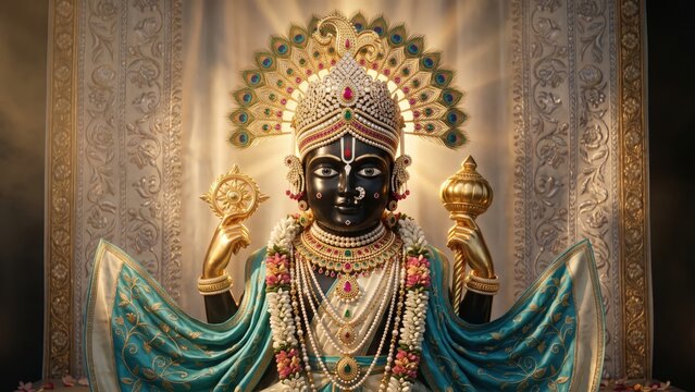 Dwarkadhish Krishna Darshan &ndash; Turquoise Ivory Temple Portrait