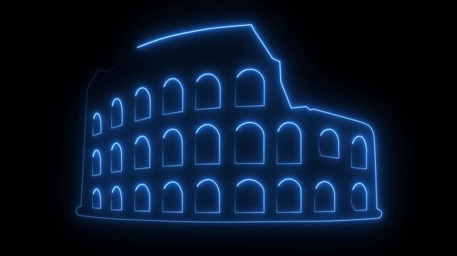 Glowing neon line Coliseum in Rome, Italy icon isolated on black background. Colosseum sign. Symbol of Ancient Rome, gladiator fights. 4K Video motion graphic animation