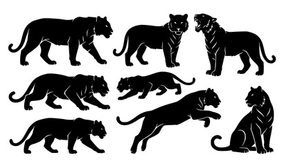 Black Panther Big Cat Silhouette Collection with Walking Running Jumping and Sitting Wild Animals © MstNadiya