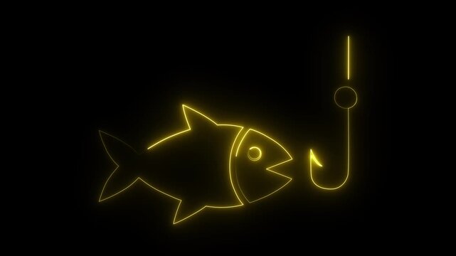Glowing neon line Fishing hook icon isolated on black background. 4K Video motion graphic animation.